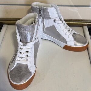 Stylish Silver and White High-Top Sneakers with zipper at the side